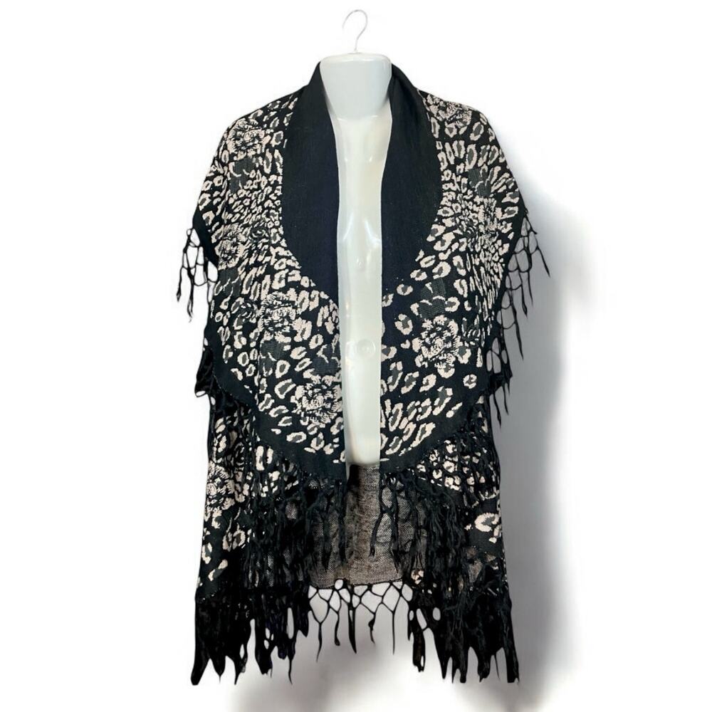 Keren Hart Women's Leopard Print Double Layer Poncho Fringe Sweater Wrap | OSFM